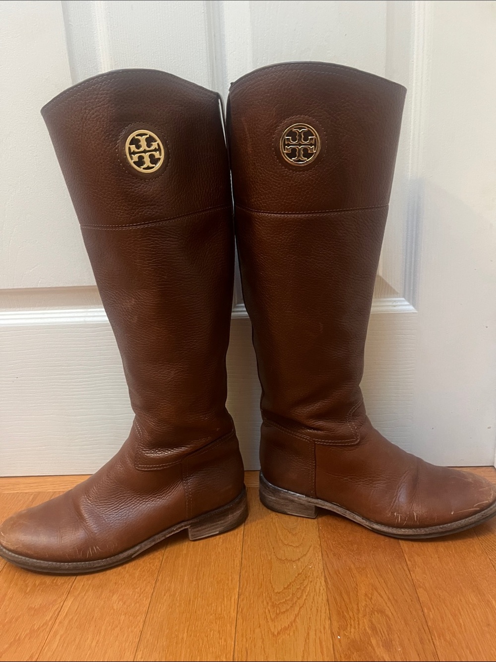 Tory Burch Brown Leather Tall Riding Boots with Gold Logo Medallion